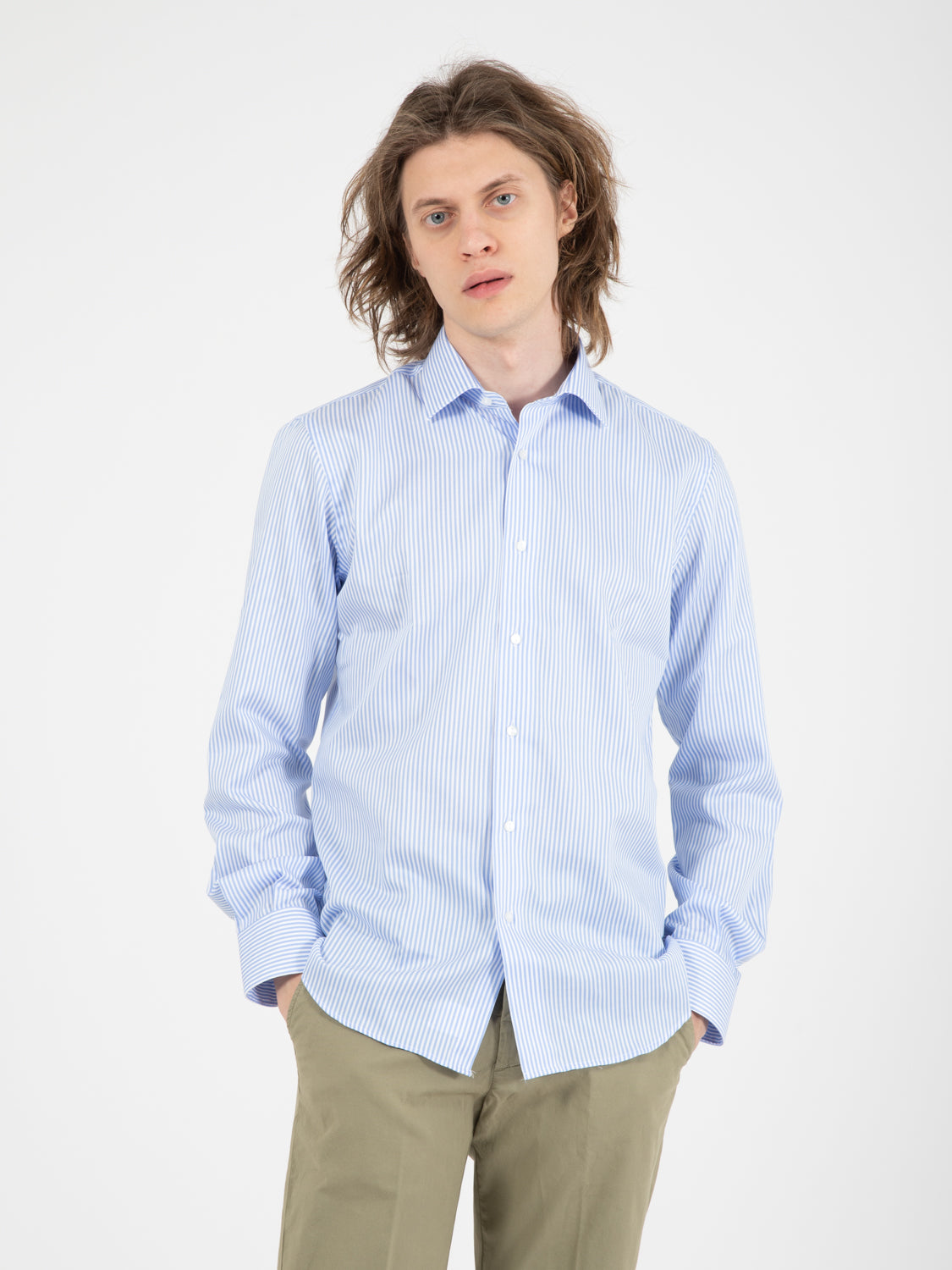 Camicia No Iron microriga bianco / azzurro