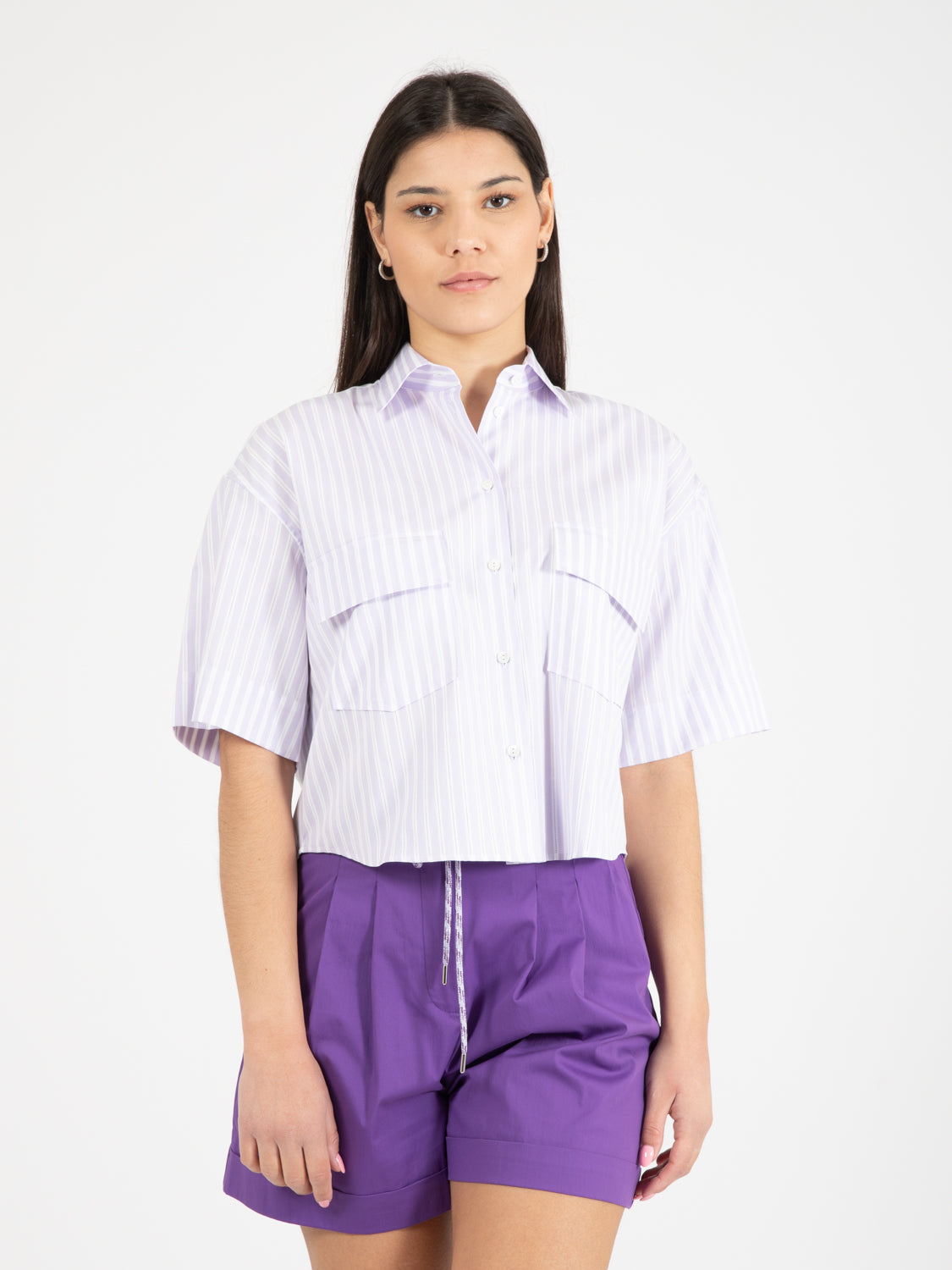 Camicia crop a righe lilla