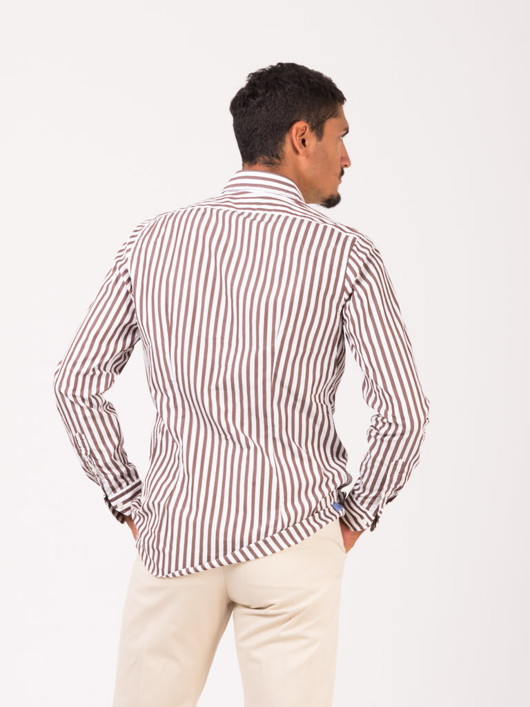 XACUS - Camicia supercotone tailored righe bianco / marrone