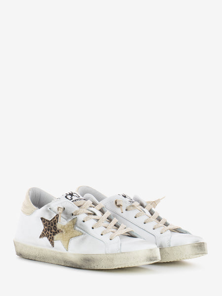 Sneakers Low pelle bianca / beige / leopard