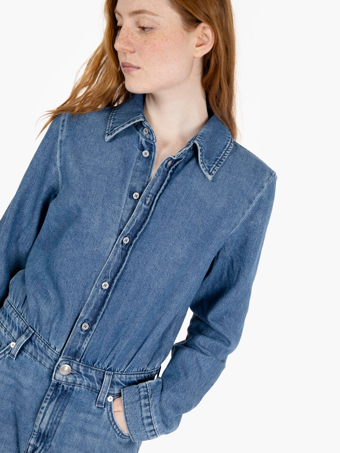 Tailored medium denim Hilo jumpsuit