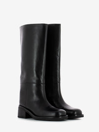 Black leather square toe boots
