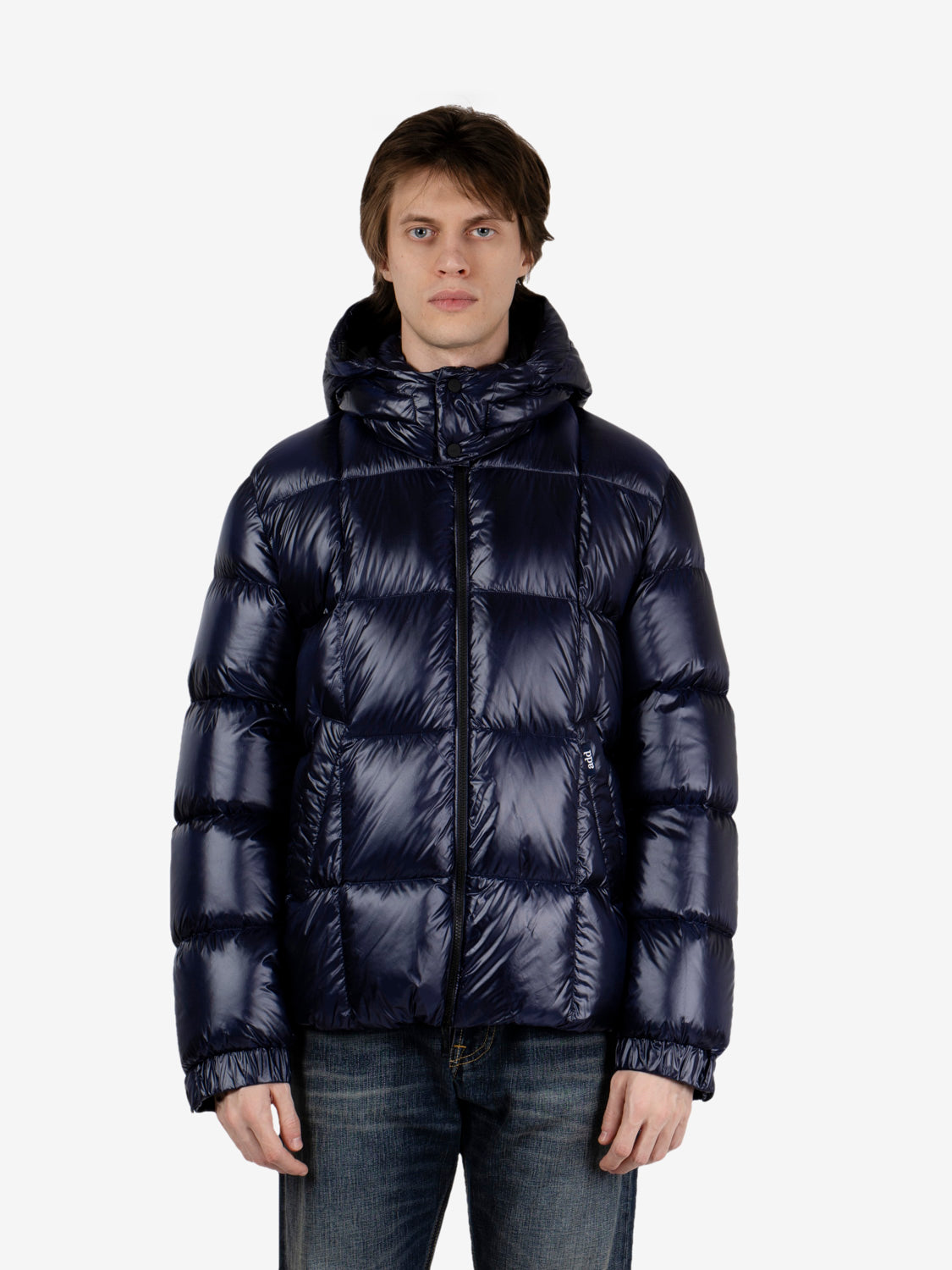 Hooded puffer jacket in shiny blue fabric