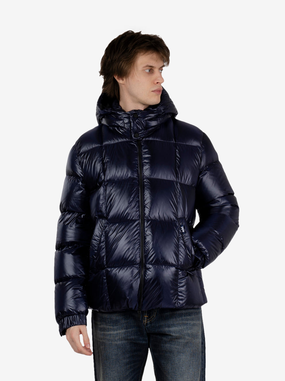 Hooded puffer jacket in shiny blue fabric