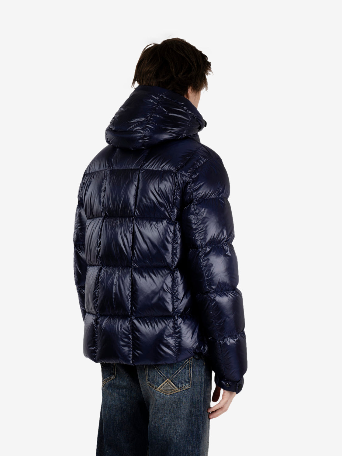 Hooded puffer jacket in shiny blue fabric