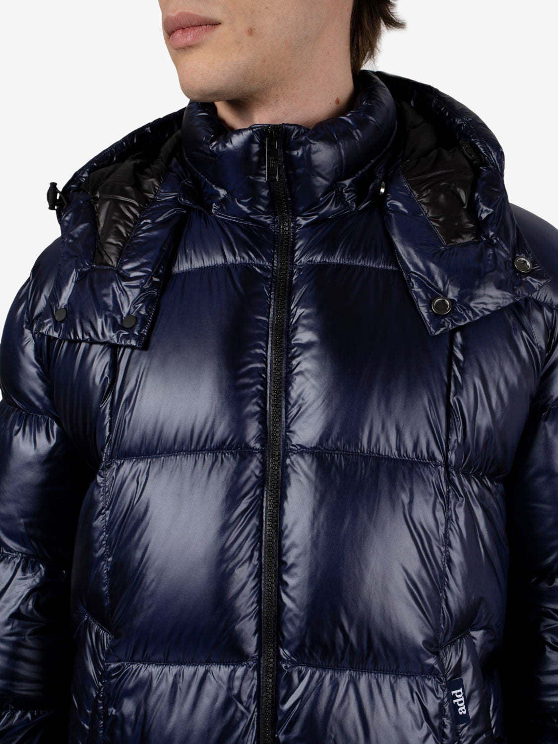 Hooded puffer jacket in shiny blue fabric