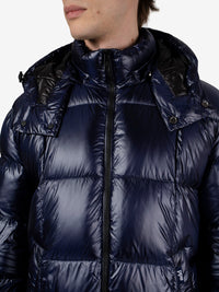 Hooded puffer jacket in shiny blue fabric