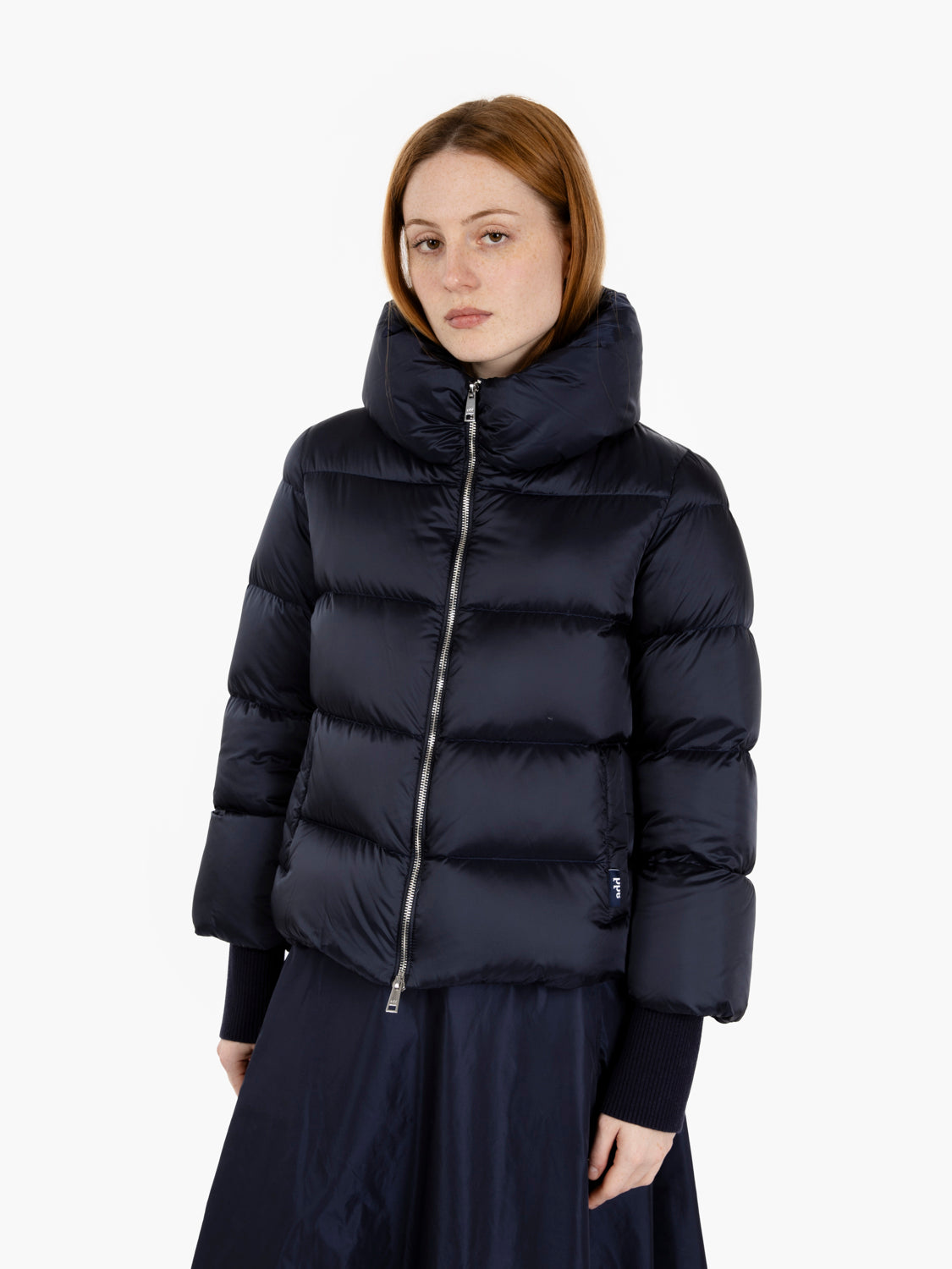 Short down jacket with high collar in blue