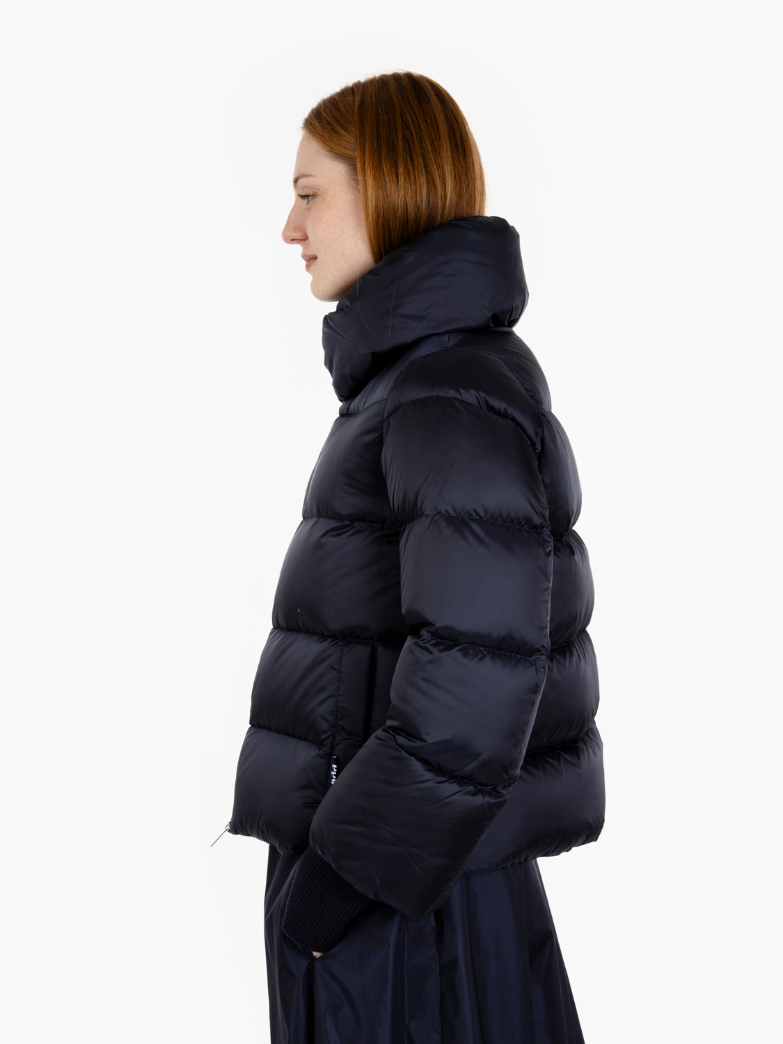 Short down jacket with high collar in blue