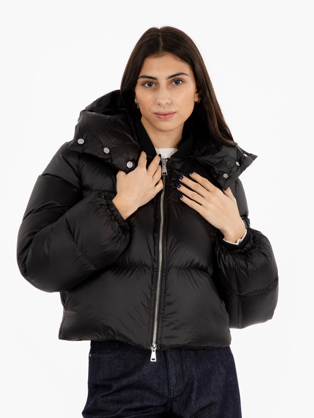 Short down jacket detachable hood noir