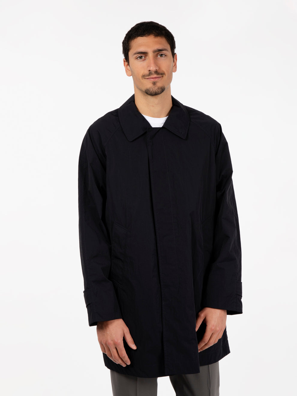 Multi-pocket trench coat navy blue