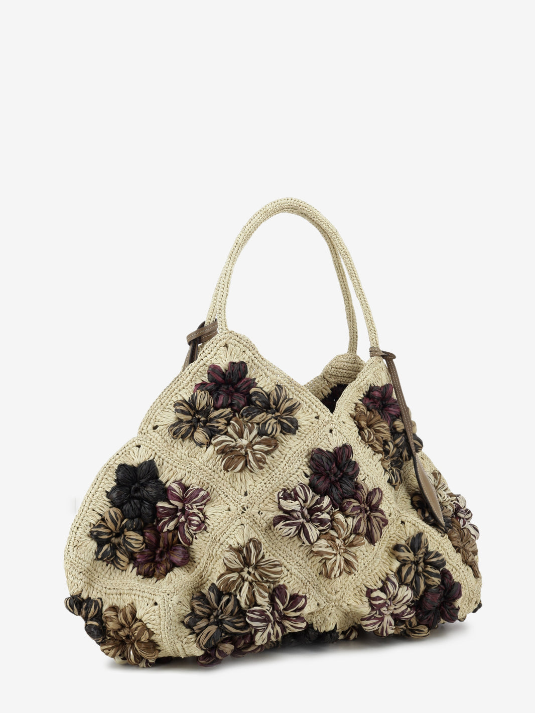 Borsa in raffia con fiori beige
