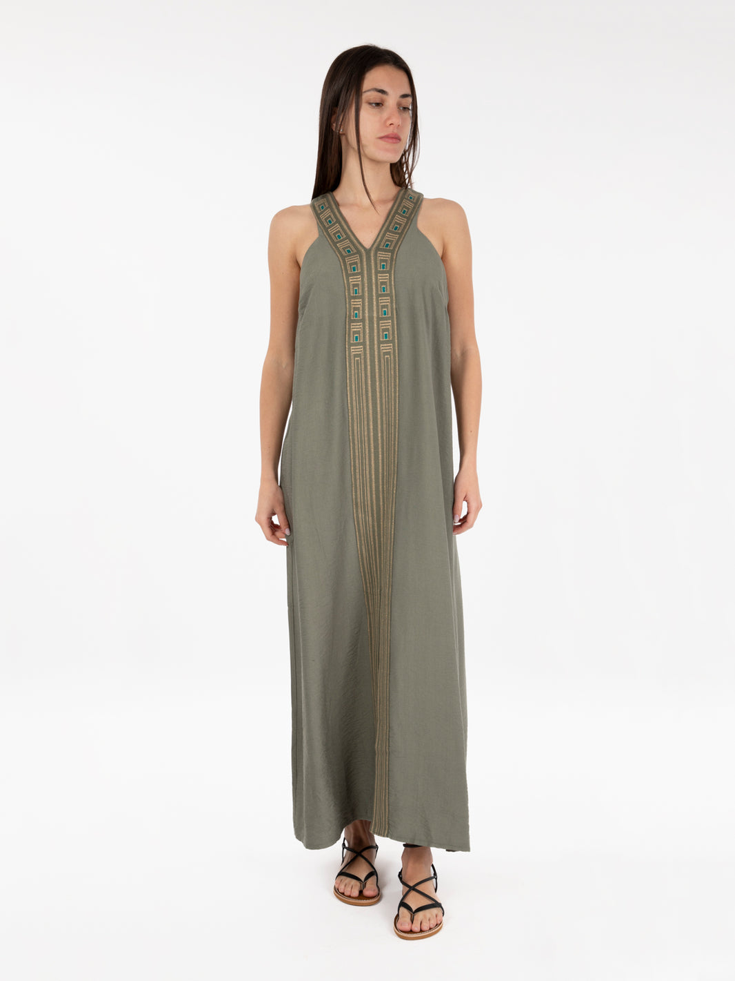 Abito lungo con decorazione frontale khaki / oro