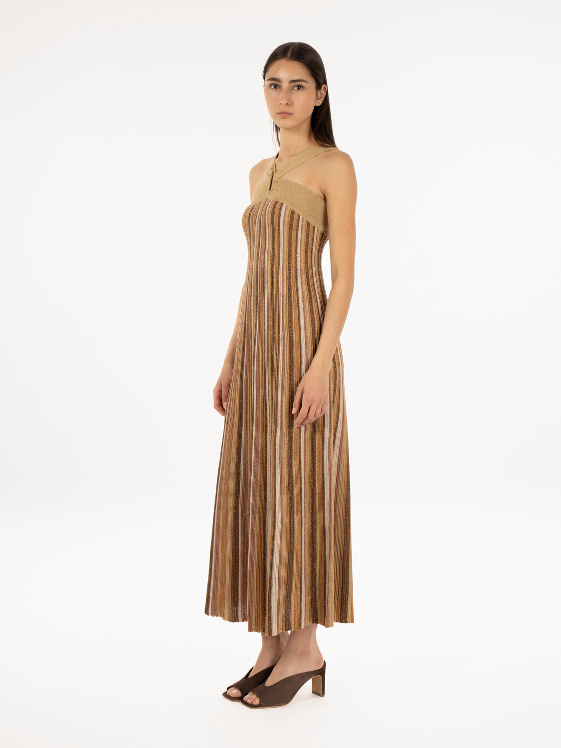 Tan gold / bronze / beige ribbed lurex maxi dress