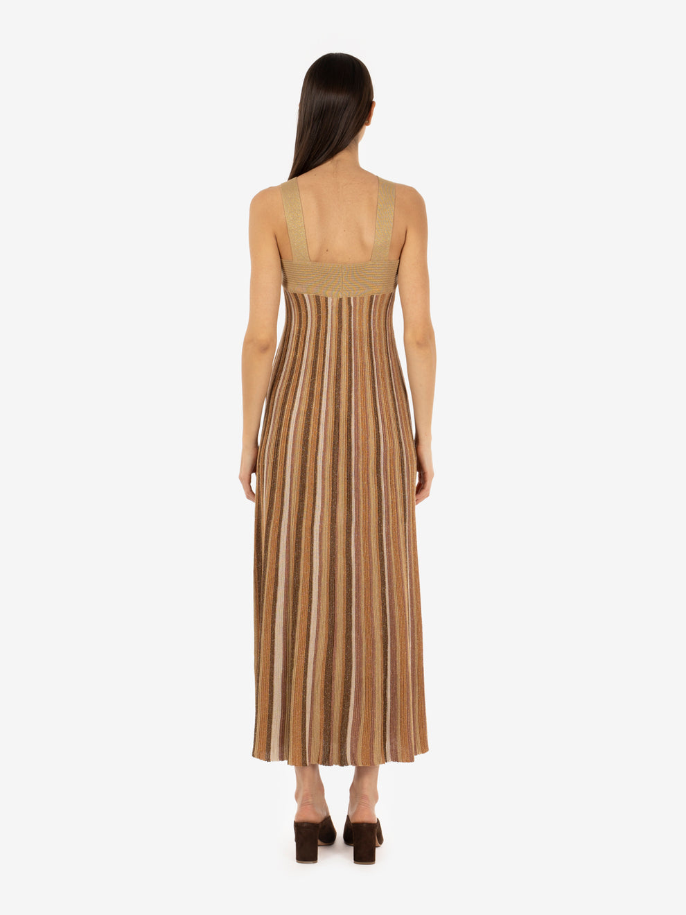 Tan gold / bronze / beige ribbed lurex maxi dress