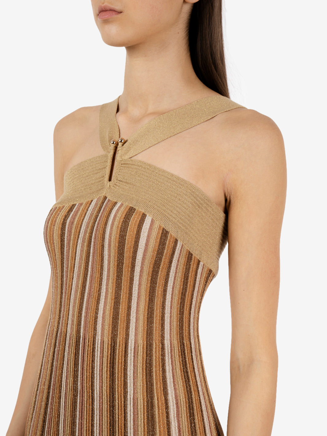 Tan gold / bronze / beige ribbed lurex maxi dress