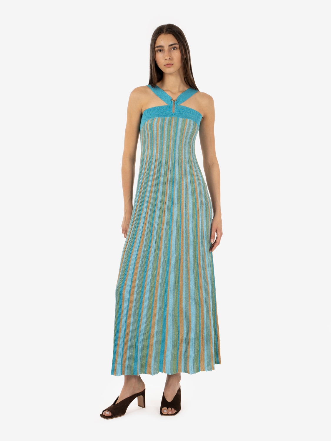 Tan gold / teal / aloe lurex ribbed maxi dress