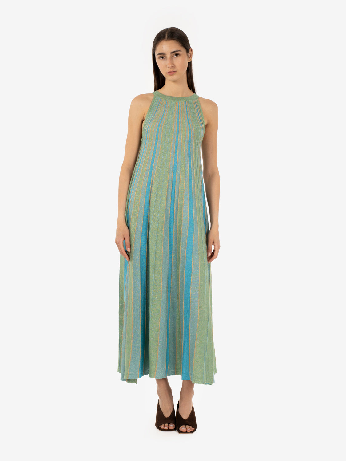 Maxi dress lurex halter aqua / teal / aloe / tan