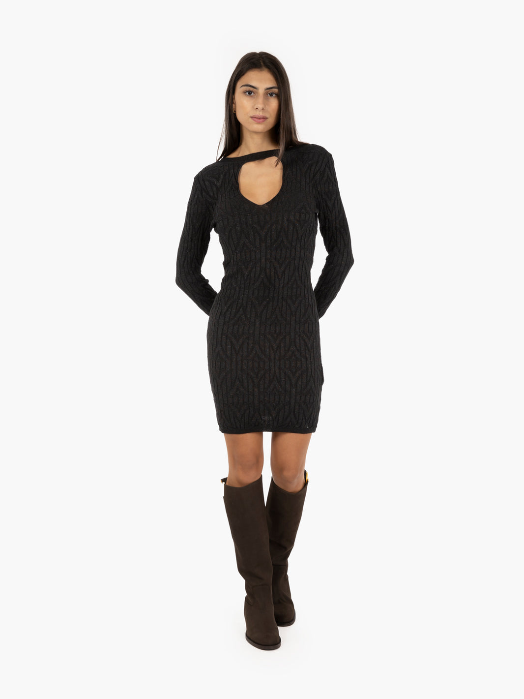 Short black dress with porthole neckline