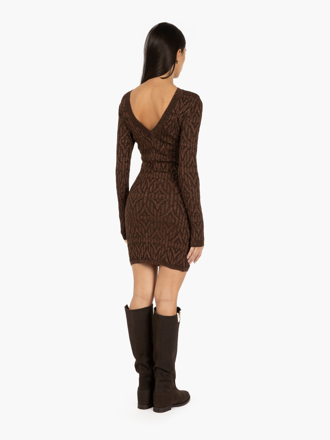 Short dress with porthole neckline in dark brown