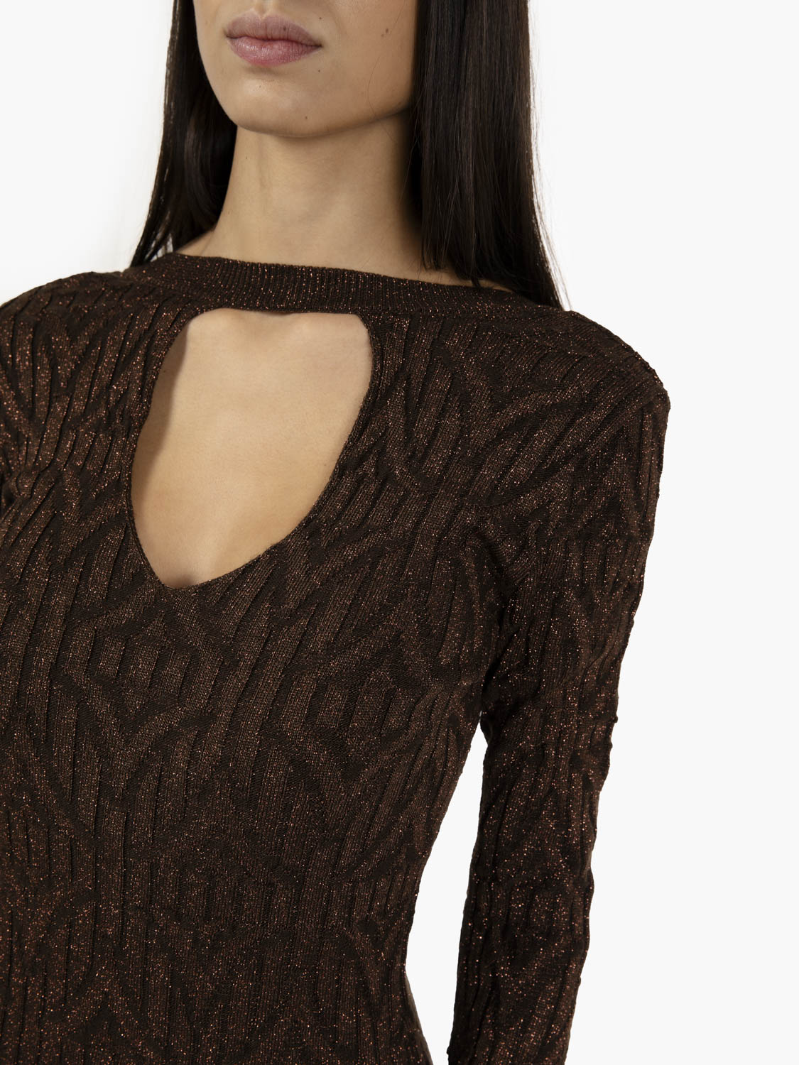 Short dress with porthole neckline in dark brown