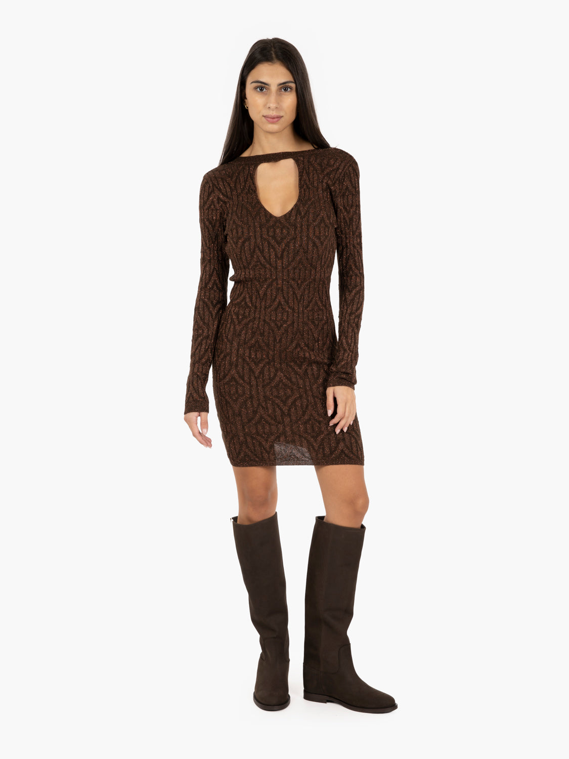 Short dress with porthole neckline in dark brown