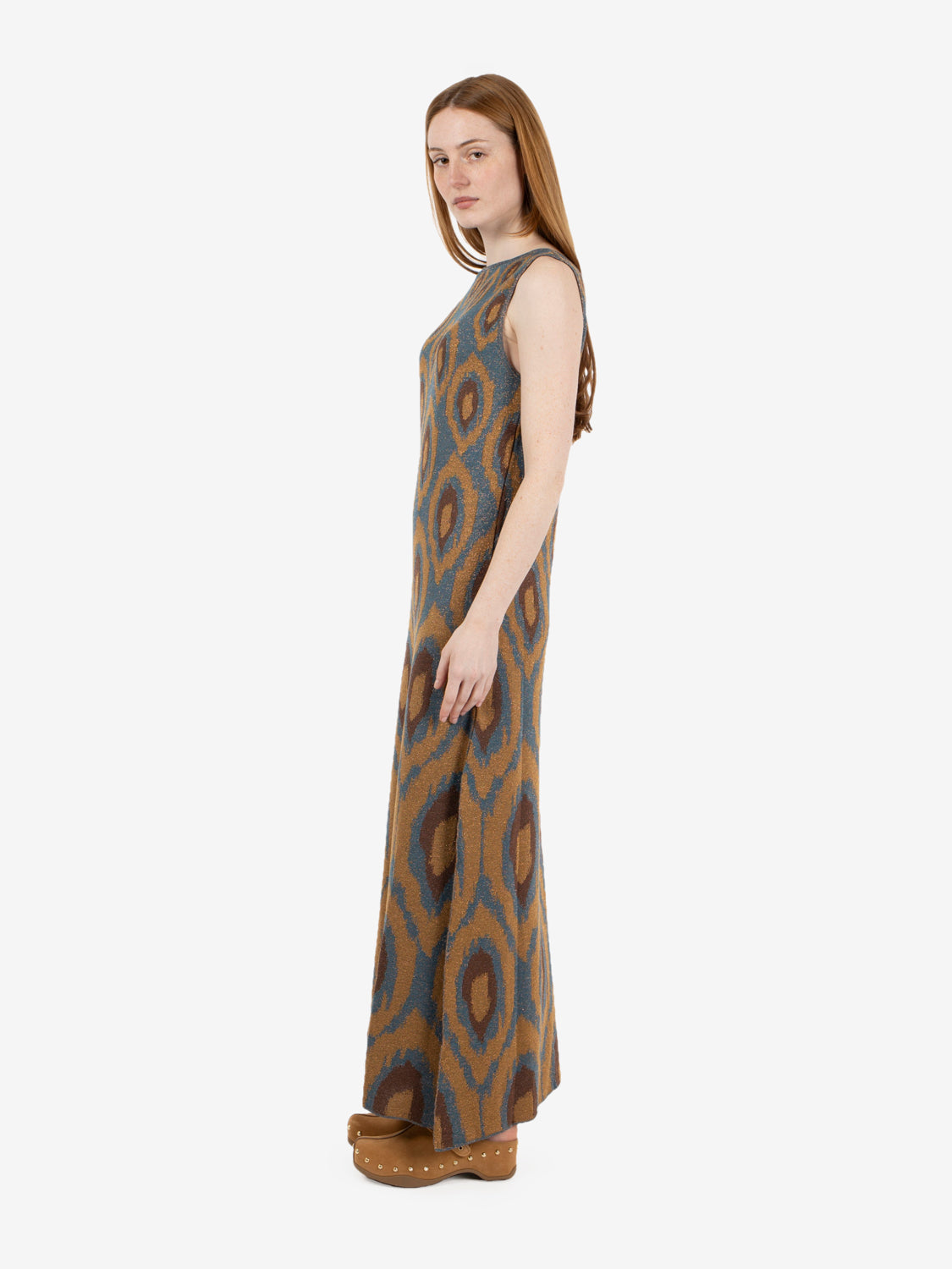 Abito lungo jacquard con motivo geometrico blu / marrone