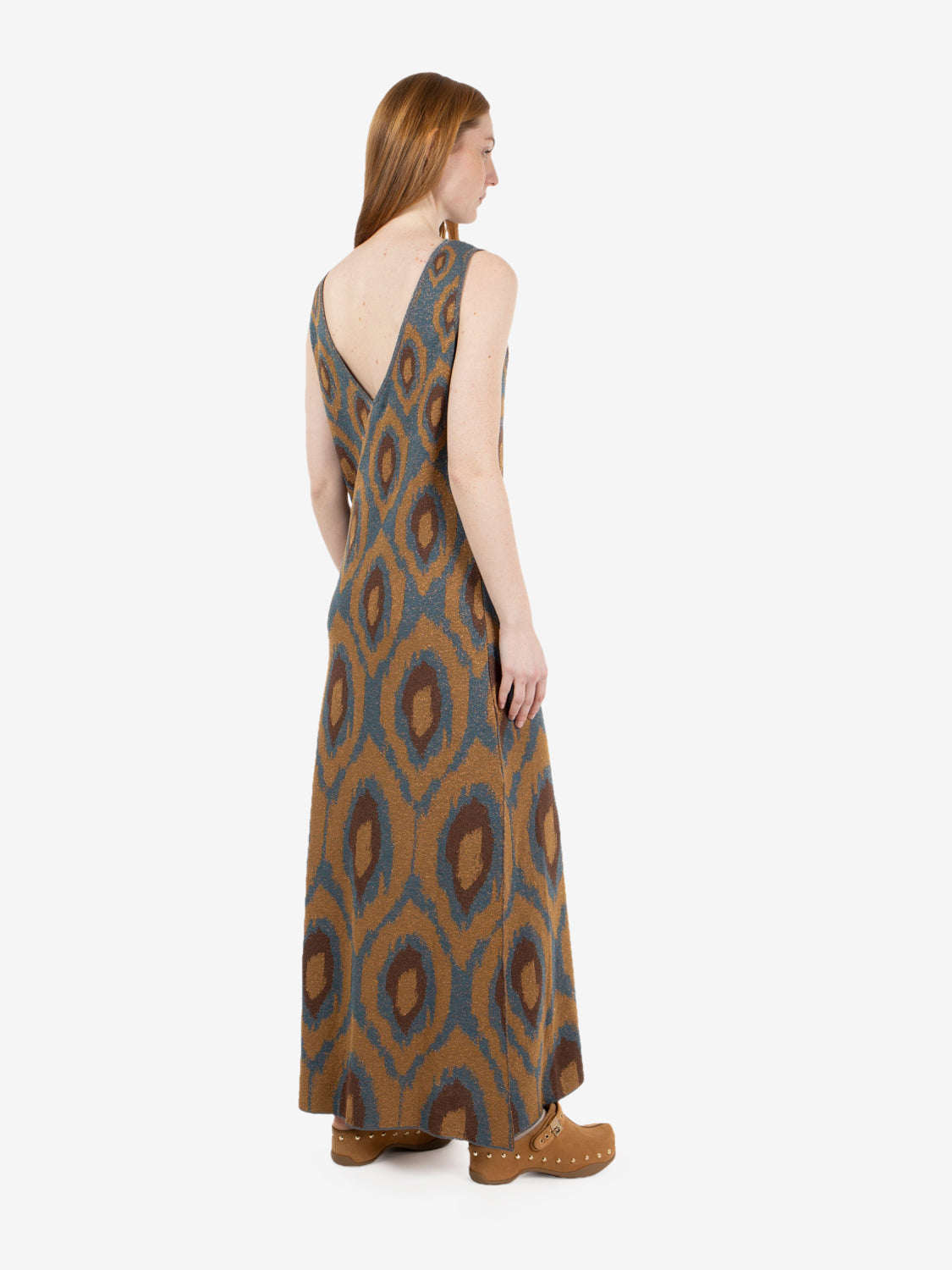 Abito lungo jacquard con motivo geometrico blu / marrone