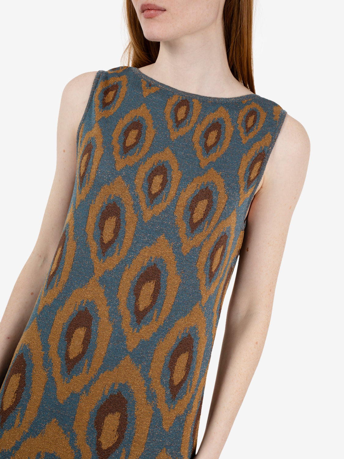 Abito lungo jacquard con motivo geometrico blu / marrone