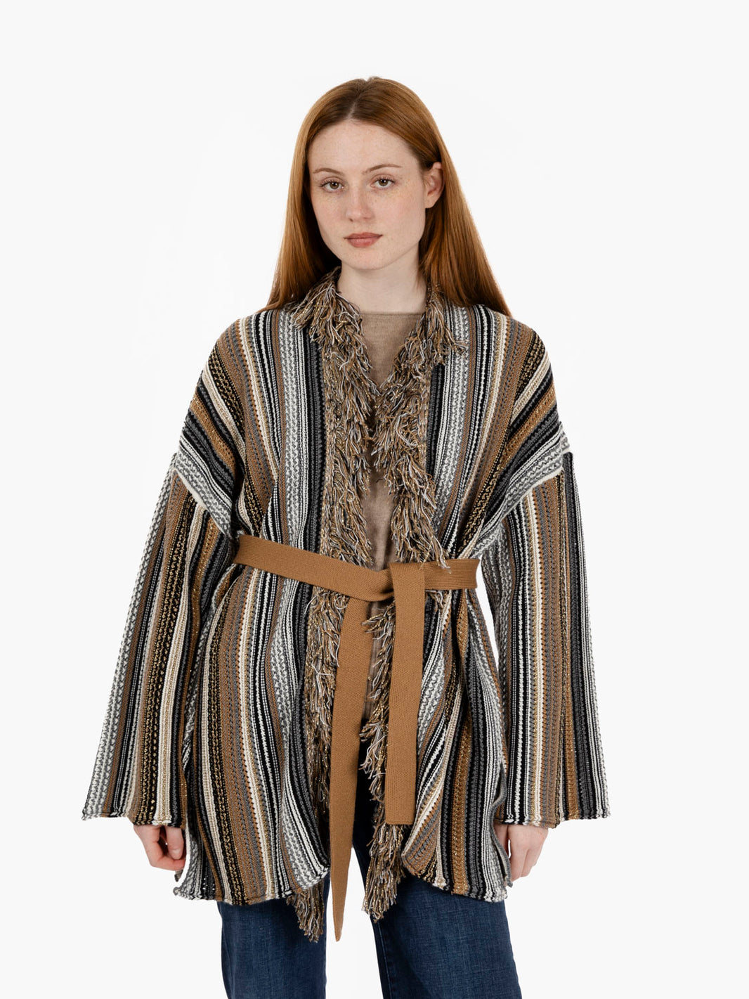 Striped cardigan with gold/beige lurex fringes