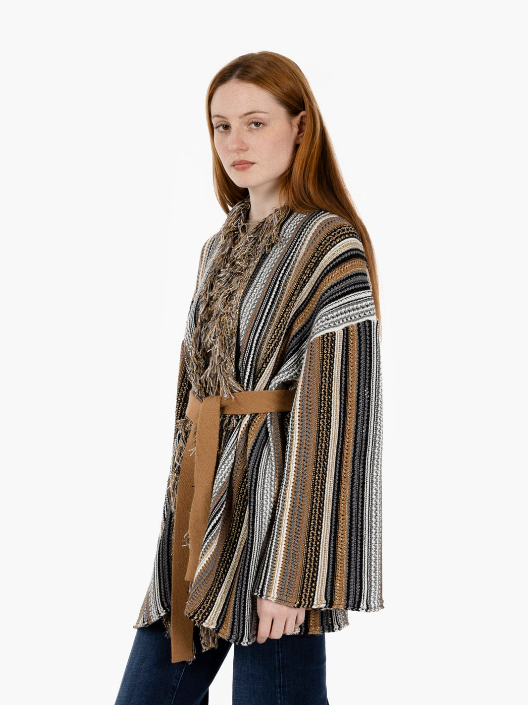 Striped cardigan with gold/beige lurex fringes