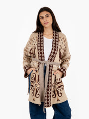 AKEP - Cardigan jacquard con cintura sabbia