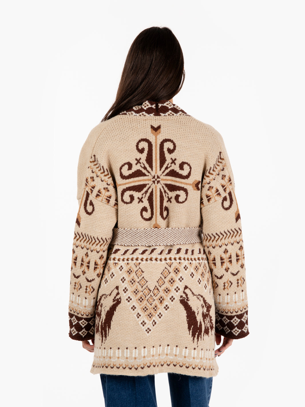 Cardigan jacquard con cintura sabbia