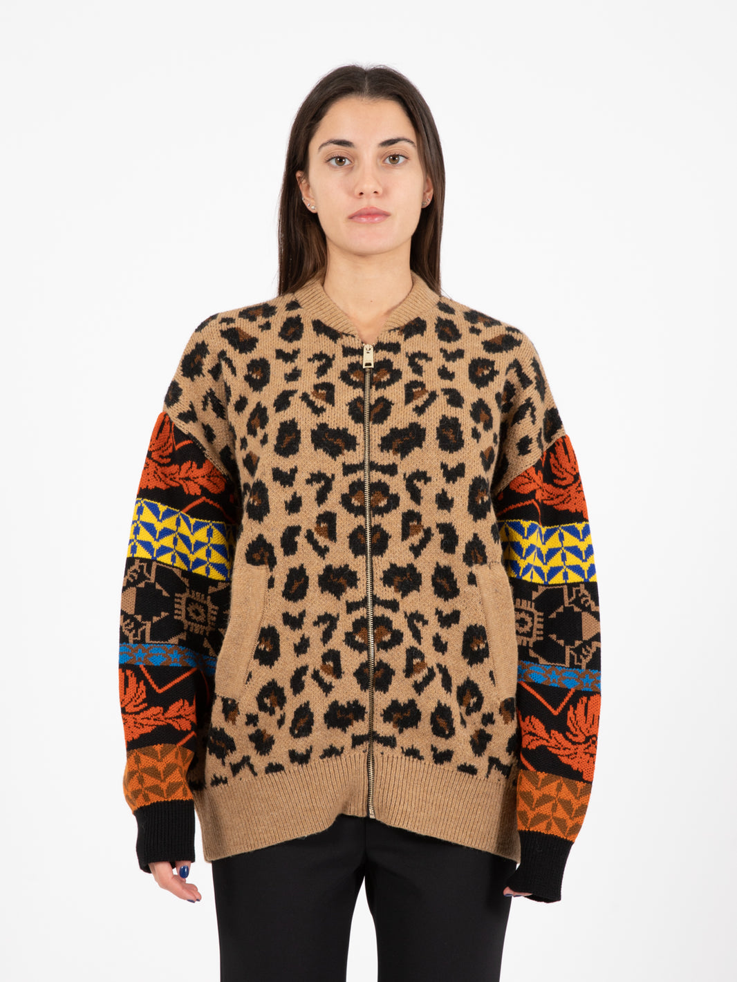Giacca animalier maniche jacquard cammello