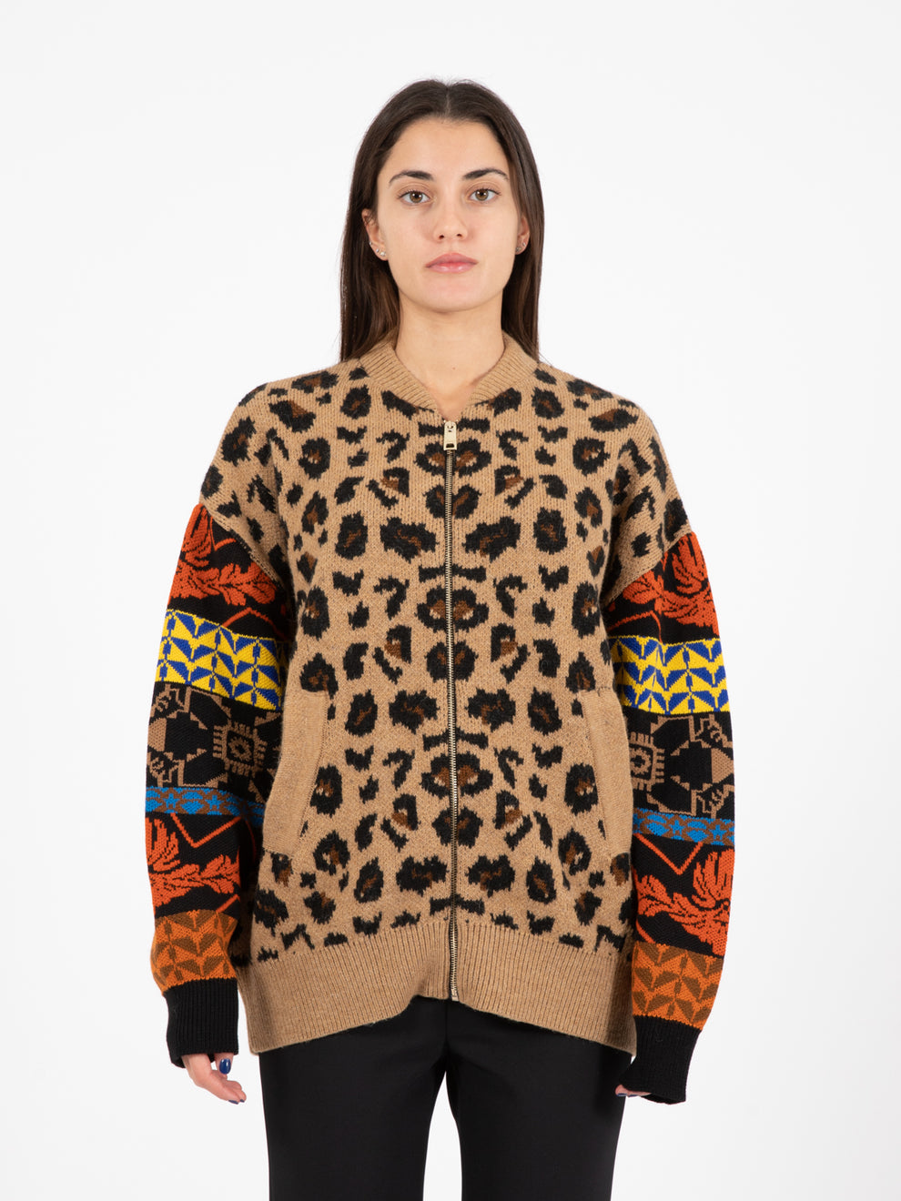 Giacca animalier maniche jacquard cammello