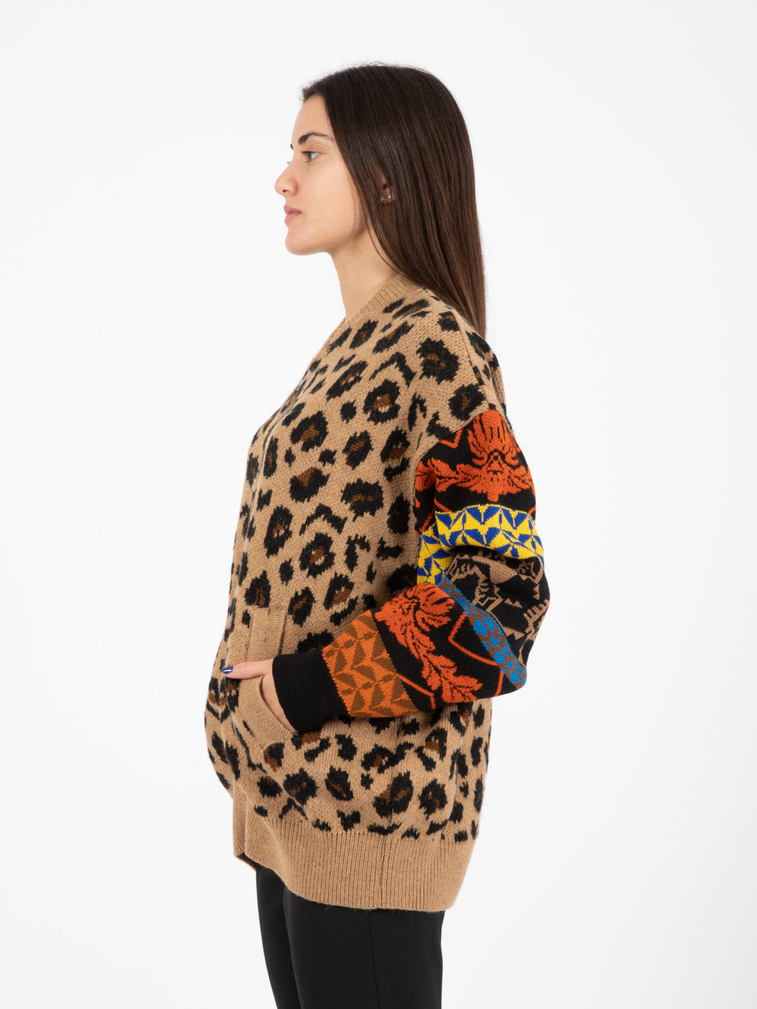Giacca animalier maniche jacquard cammello