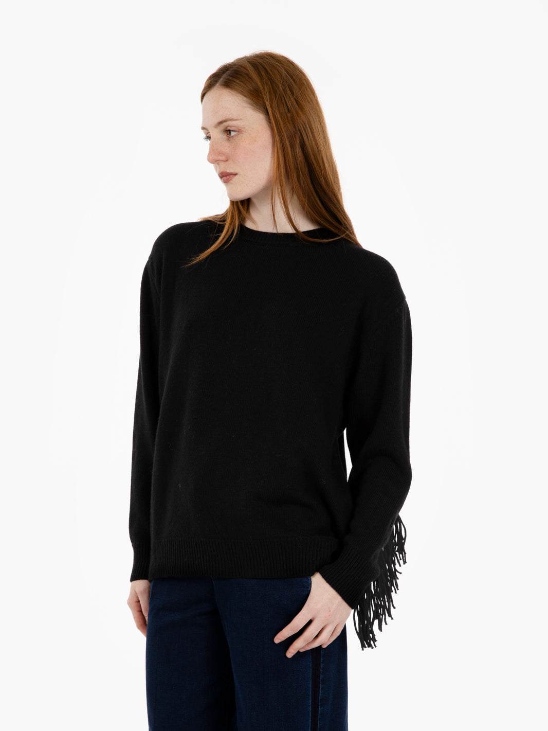 Maglia girocollo con frange nero