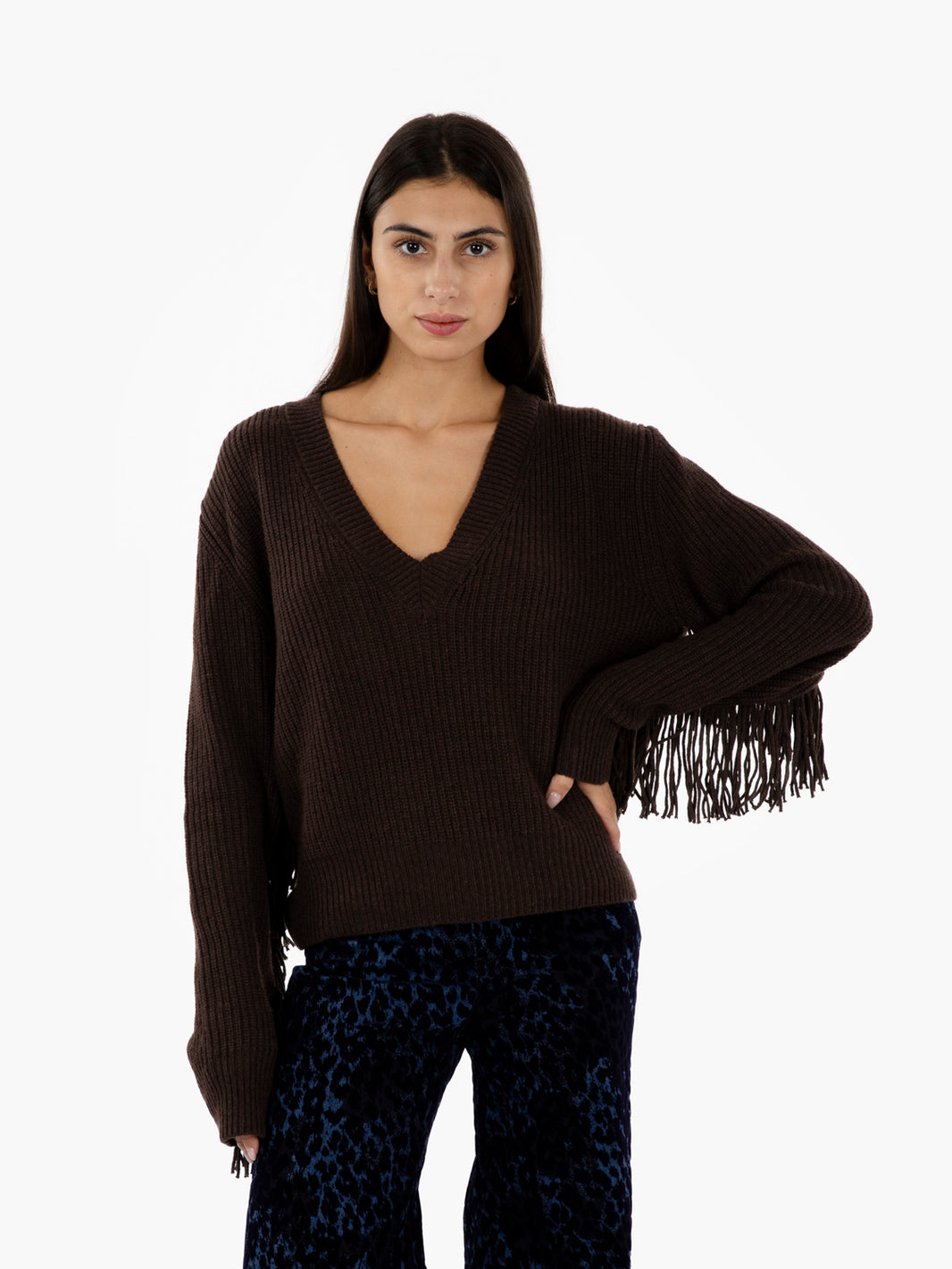 Dark brown V-neck sweater with fringes