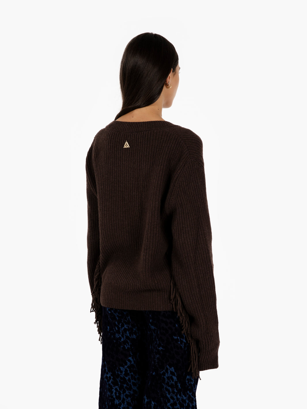 Dark brown V-neck sweater with fringes