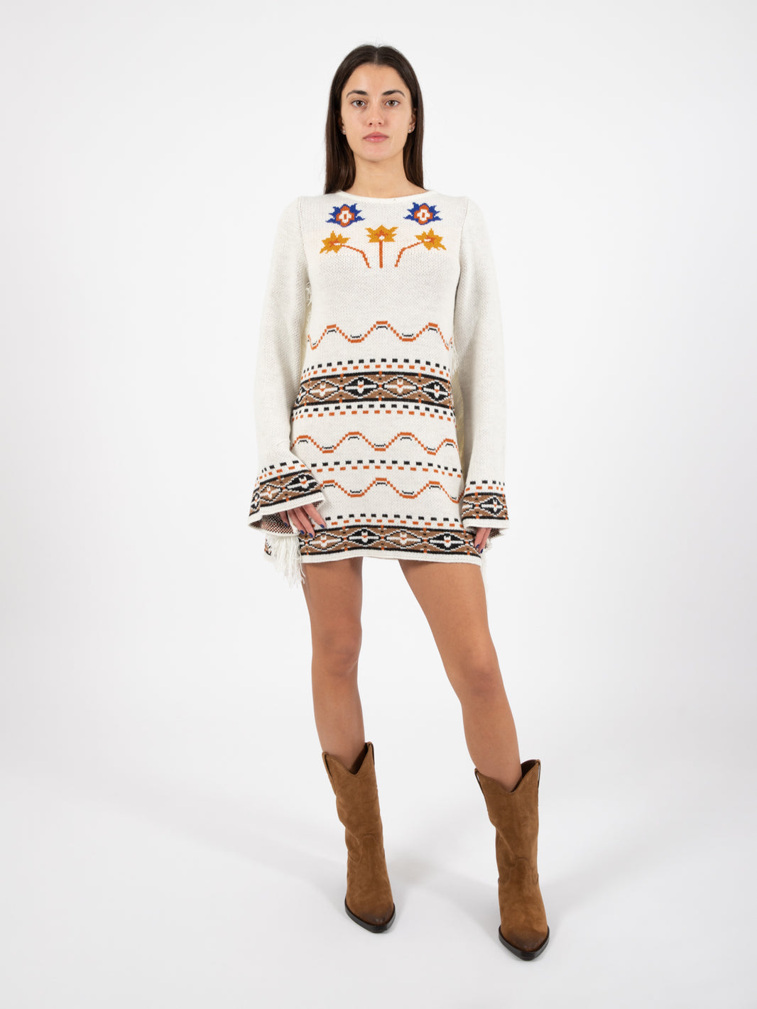 Miniabito jacquard fantasia etnica / panna