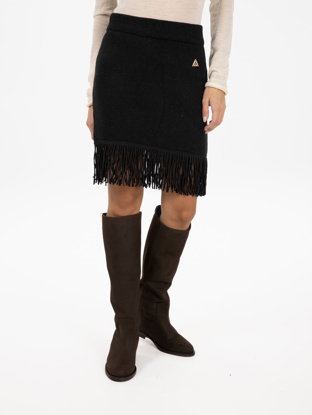 Black fringed knitted miniskirt
