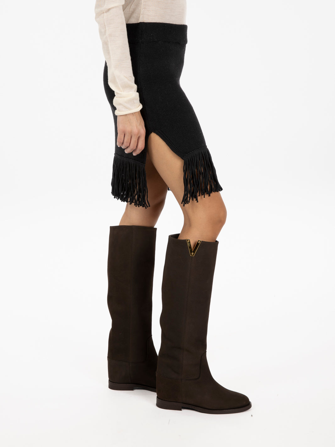 Black fringed knitted miniskirt