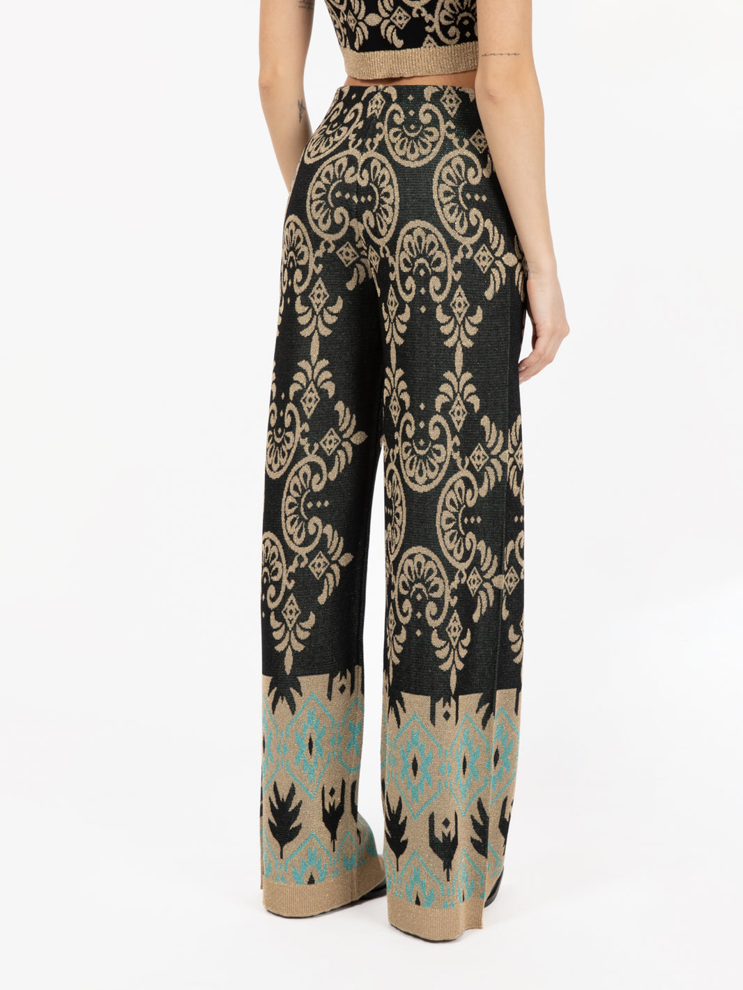 Pantapalazzo in maglia jacquard verde / beige