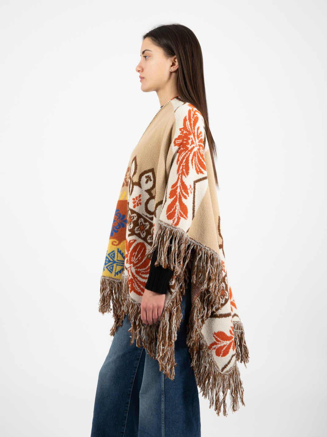 Poncho con frange pattern multicolor