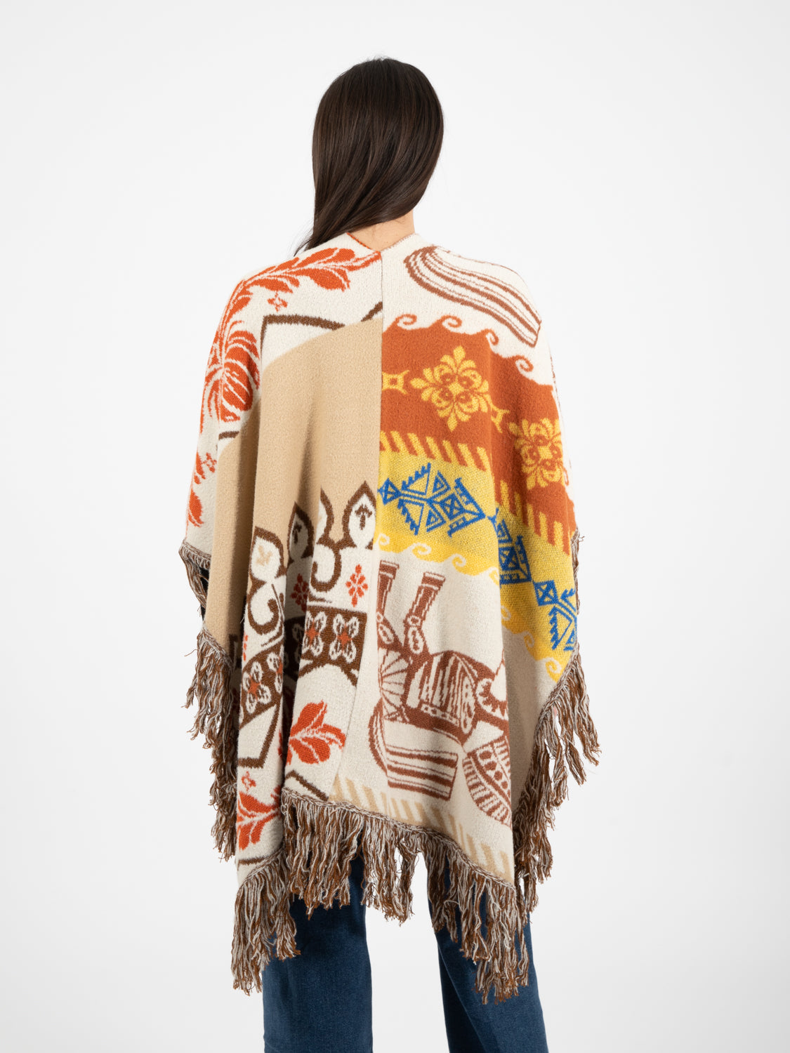 Poncho con frange pattern multicolor