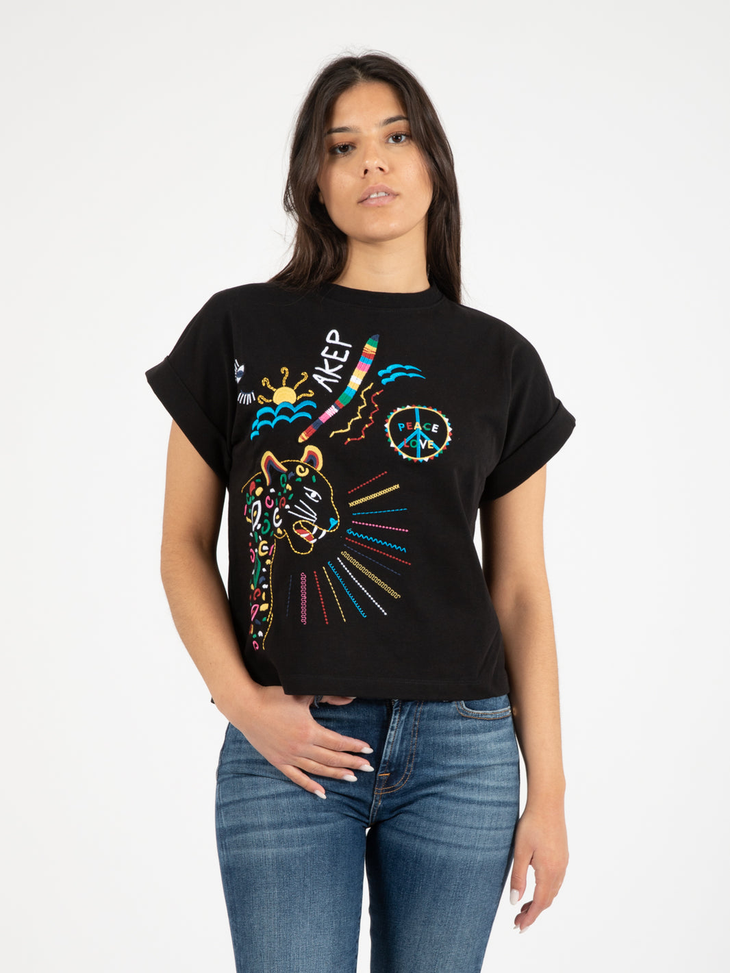 T-shirt ricamo tigre nera