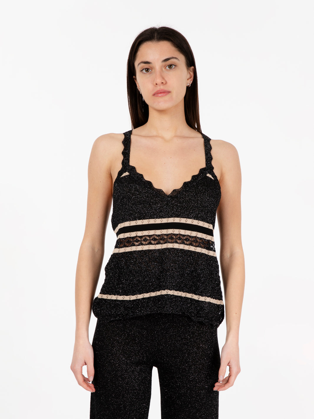 Top canotta in maglia nero / beige
