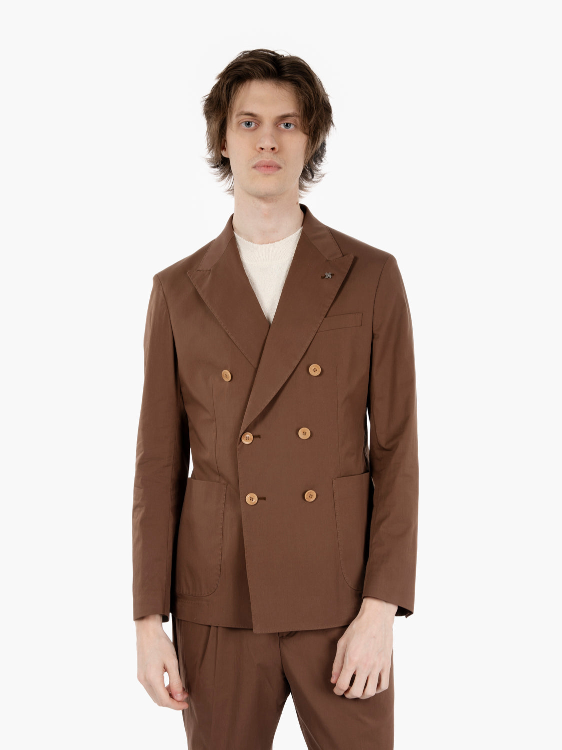Double-breasted suit in chocolate cotton