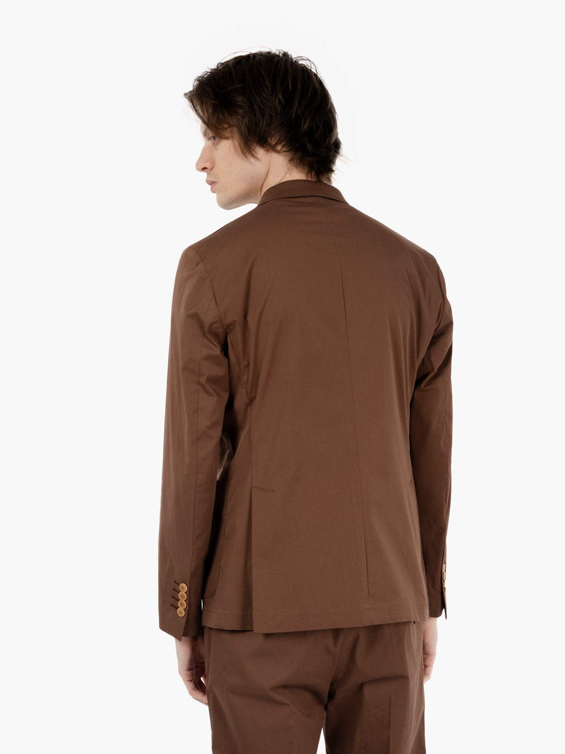 Double-breasted suit in chocolate cotton