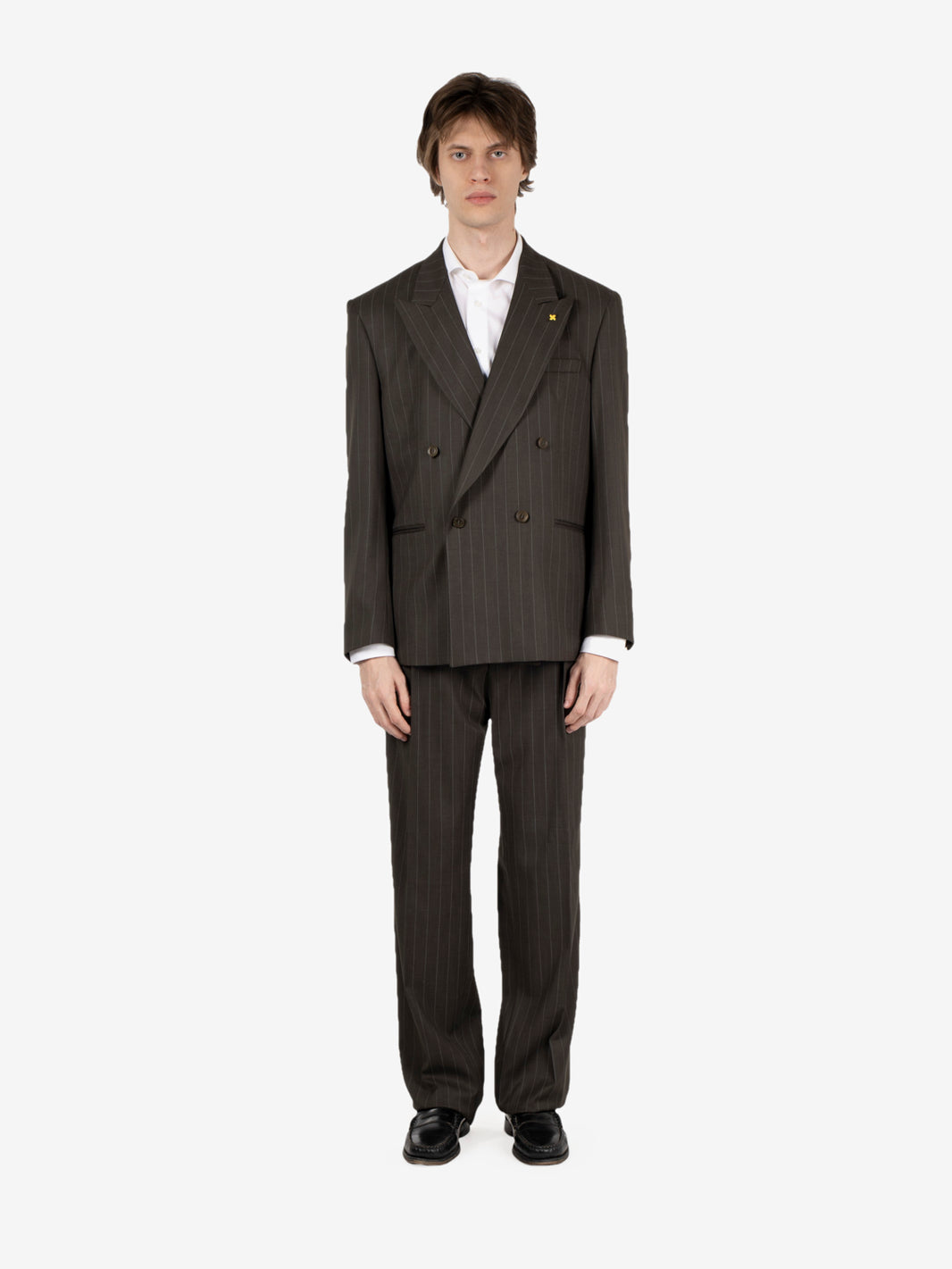 Green pinstriped oversized double-breasted suit